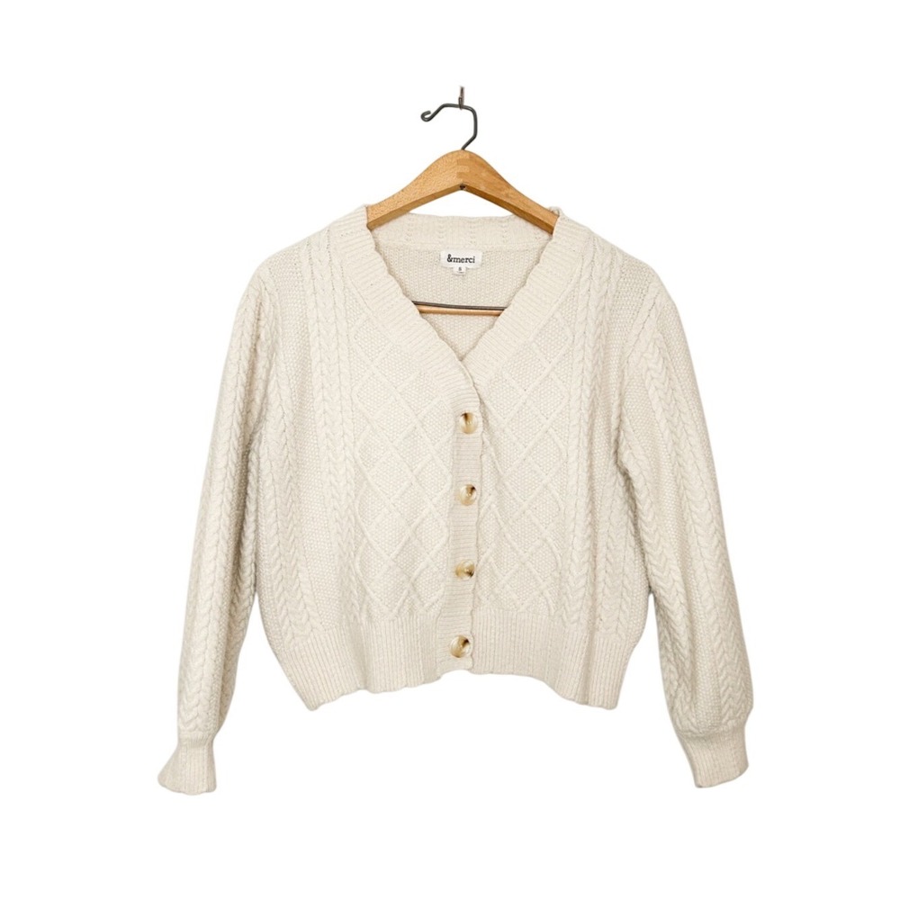 &Merci Womens Cotton Blend Knit Cardigan Sweater Neutral Cream Color Small S